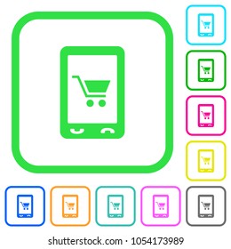 Mobile shopping vivid colored flat icons in curved borders on white background