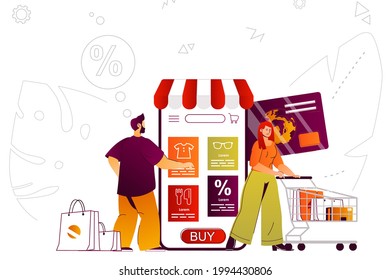 Mobile shopping web concept. Mobile app purchases, online shopping at smartphone. People scene with flat line characters design for website. Vector illustration for social media promotional materials