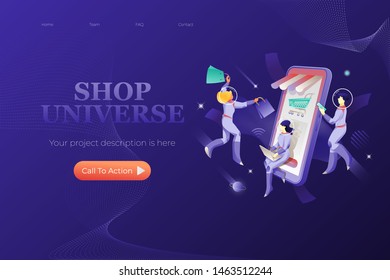 Mobile shopping web page design template. Big smartphone surrounded by astronauts with gadgets and shopping bags. Shopping Univerce concept.