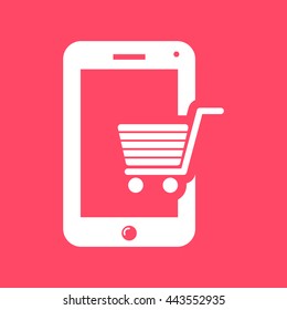 Mobile Shopping white icon on magenta color background. Eps-10.