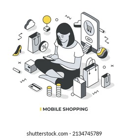 Mobile shopping. Woman sits on floor with shopping bags and using mobile device to make purchases online. Online e commerce concept. Isometric vector illustration with isolated objects