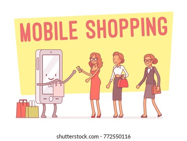 Mobile shopping for women. Female customers making a purchase paying via smiling smartphone, easy online commerce from home or office using technology. Vector business concept line art illustration