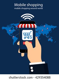 Mobile shopping worldwide. Flat design, vector illustration.