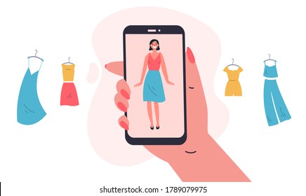 Mobile shopping.Online shopping with an application for virtual fitting of clothes.The app helps to choose clothes.Shopping on social networks through phone.Colorful vector illustration in flat style.