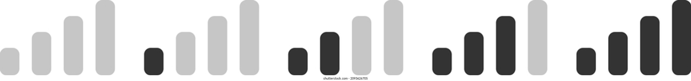 Conjunto de iconos de nivel de señal móvil. Ajuste con la intensidad de la señal en el fondo blanco. Símbolo del icono de comunicación. Conjunto de iconos de comunicación. Símbolo, signo. Icono de barra de estado. Comunicación inalámbrica.
