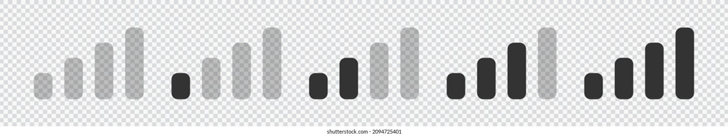 Mobile signal level icon set. Set with signal strength on transparent background. Communication icon symbol. Communication icon set. Symbol, sign. Status bar icon. Wireless communication.