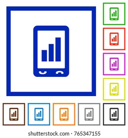 Mobile signal strength flat color icons in square frames on white background