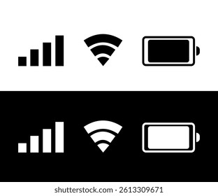 Mobile Signal WiFi Battery Icon Set Black and White Vector