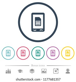 Mobile sim card flat color icons in round outlines. 6 bonus icons included.