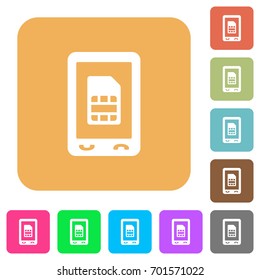 Mobile sim card flat icons on rounded square vivid color backgrounds.