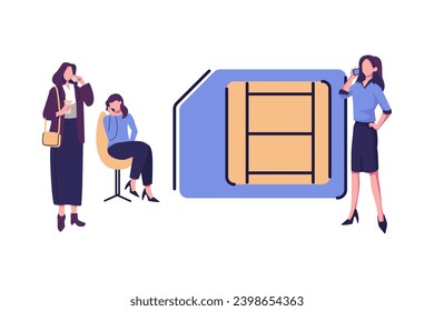  tarjeta sim móvil, microcircuito, esquema de comunicación por teléfono móvil diseño de ilustración vectorial plana