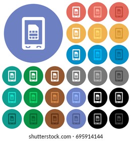 Mobile sim card multi colored flat icons on round backgrounds. Included white, light and dark icon variations for hover and active status effects, and bonus shades on black backgounds.
