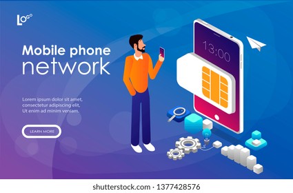 Mobile sim phone card and user with smartphone. Mobile phone network, smartphone plastic card and microchip, wireless cellphone communication concept. Website landing web page