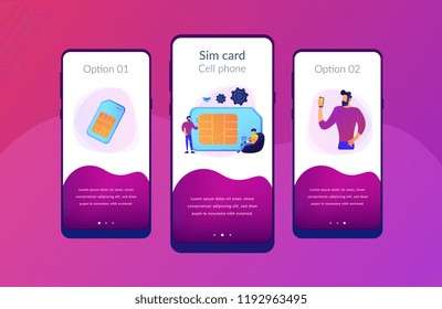 Mobile sim phone card and users with smartphones. Mobile phone network, smartphone plastic card and microchip, wireless cellphone communication concept, violet palette. UI UX GUI app interface