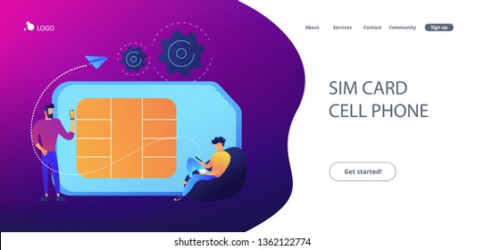 Mobile sim phone card and users with smartphones. Mobile phone network, smartphone plastic card and microchip, wireless cellphone communication concept, violet palette. Website landing web page