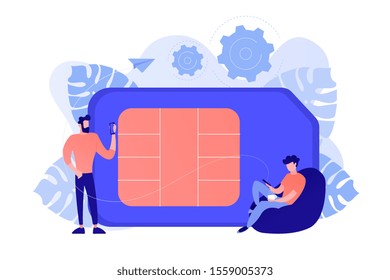 Mobile sim phone card and users with smartphones. Mobile phone network, smartphone plastic card and microchip, wireless cellphone communication concept. Vector isolated illustration.