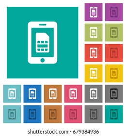 Mobile simcard multi colored flat icons on plain square backgrounds. Included white and darker icon variations for hover or active effects.