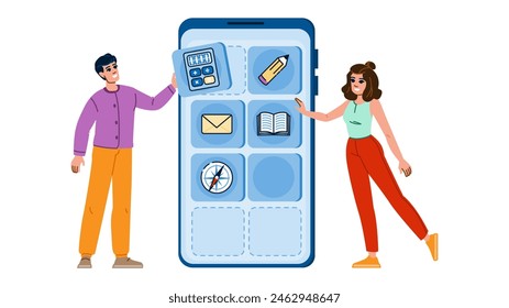 mobile skeuomorphism website  vector.  ux interface, app kit, user screen mobile skeuomorphism website character. people flat cartoon illustration