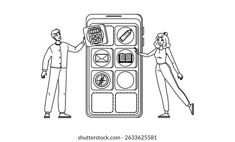 mobile skeuomorphism website vector. ux interface, app kit, user screen mobile skeuomorphism website character. people black line pencil drawing illustration