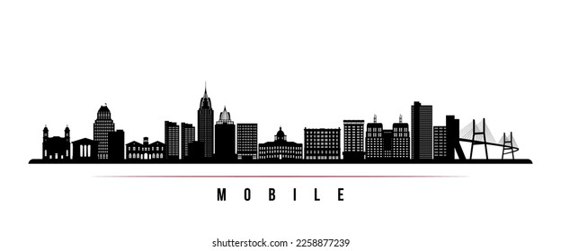 Mobile skyline horizontal banner. Black and white silhouette of Mobile, Alabama. Vector template for your design. 