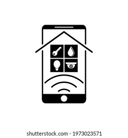 Mobile smart home concept and icons. Template design with smartphone and house. Vector clipart and drawing. Black and white isolated illustration.
