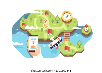 Mobile smart phone with app delivery tracking. Hand holding cellphone with open app of service delivery search with location and navigation map pins vector illustration. Logistic network flat concept