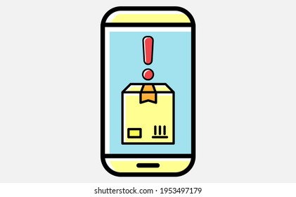 Mobile smart phone with app delivery tracking box and exclamation mark.