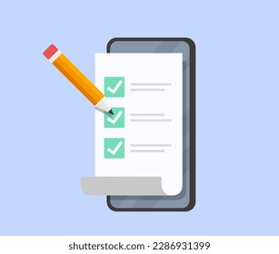 Mobile smart phone with сhecklist app. Online survey. Flat vector illustration.