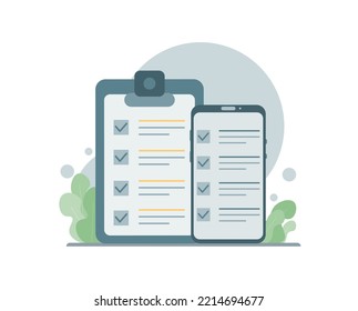 Mobile smart phone with сhecklist app. Successful completion of business tasks. To-do list and planning project. Vector Illustrations
