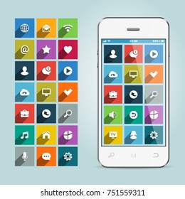 Mobile smart phone with apps icons on soft background