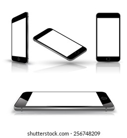 Teléfono inteligente móvil con pantalla en blanco. Conjunto de 4 vistas de distintas posiciones. Aislado en blanco con sombras. Ilustración vectorial.