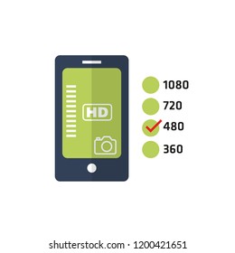 Mobile smart phone cameras and videos video quality, hd 1080p, 720p, 480p, 360p settings, zoom, icon illustration