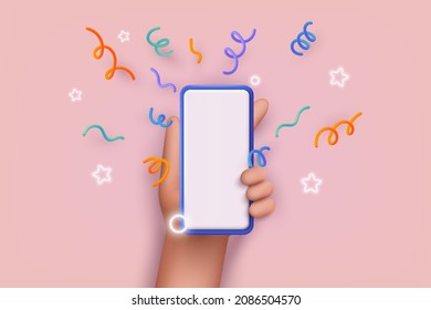 Mobile Smart Phone With Celebratory Confetti Flying Around. Winner Concept. 3D Web Vector Illustrations.