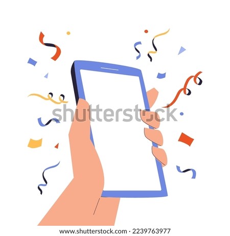 Mobile smart phone with celebratory confetti flying around. Winner concept. Cartoon Web Vector Illustrations.