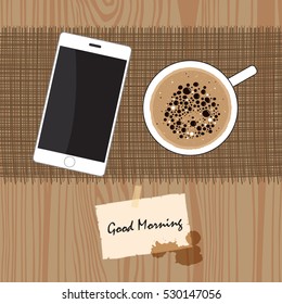 Mobile smart phone and a cup of coffee on wood texture background. Vector illustration.