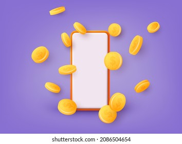 Mobile smart phone with gold dollar coins explosion. Winner concept. 3D Web Vector Illustrations.