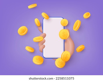 Mobile smart phone with gold dollar coins explosion. Winner concept. 3D Web Vector Illustrations.