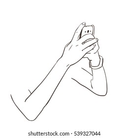 Telefone inteligente móvel em mãos, esboço vetor Ilustração desenhada à mão isolada no branco