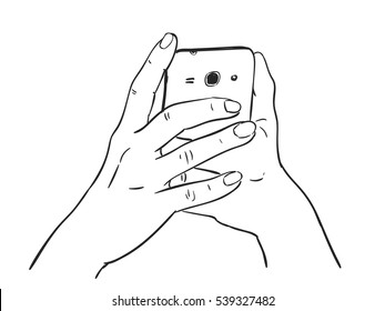 Mobile smart phone in hands, Vector sketch Hand drawn illustration isolated on white