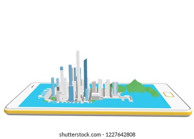 Mobile smart phone landmark showplace map pointer mark isometric city street urban landmark town 3d vector.