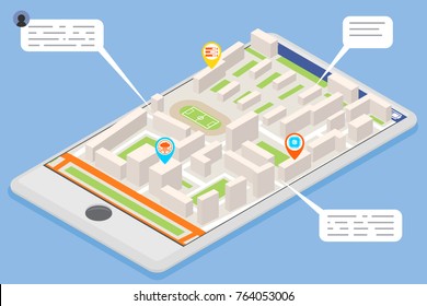 Mobile smart phone landmark showplace map pointer mark isometric city street urban road map place landmark town 3d flat design vector illustration