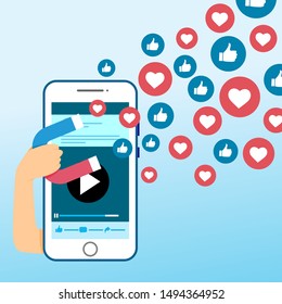 Mobile smart phone with magnet attracting hearts and likes. Social media marketing concept. Simple flat design. Vector illustration. Ideal for your social media post.