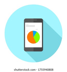 Mobile Smart Phone Marketing App With Pie Chart - Flat Icon Long Shadow Vector Illustration.