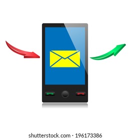 mobile smart phone with message icon on a screen and red and green arrows.Vector.