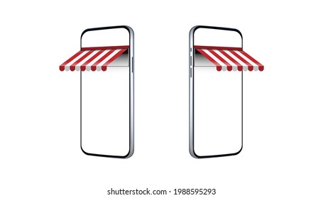 Mobile smart phone mockup left and right with store awning , Restaurants supermarket store , Retractable Patio Awnings red and white colored , vector illustration svg