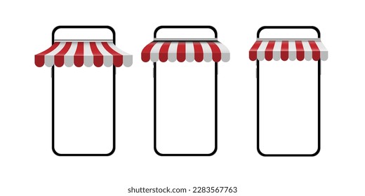 Mobile smart phone mockup with store roof , Restaurants supermarket store , Retractable Patio Awnings red and white colored , vector illustration