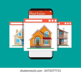 Mobile smart phone with rent and sell apartments app. Real estate, sale and rent house, mansion. Vector illustration in flat style