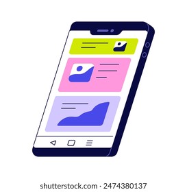 Pantalla del teléfono inteligente móvil que muestra el contenido, interfaz de usuario. Smartphone con diseño abstracto de la IU. Contenido en línea en el teléfono móvil, gadget de la célula. Ilustración vectorial plana aislada sobre fondo blanco