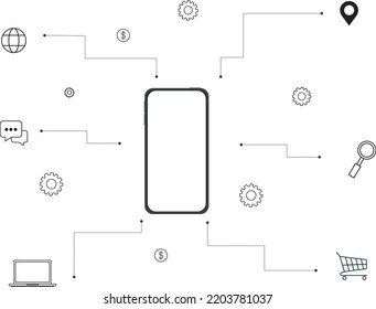 
Mobile smart phone with shop app. Online shopping talent concept, cellphone functionality. Application concept illustration and digital marketing icon with store cart icon view. Search, chat and buy.