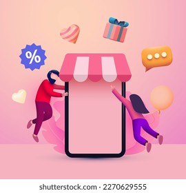 Teléfono inteligente móvil con aplicación para tiendas y gente pequeña que vuela por ahí. Concepto de compras en línea. Ilustración del vector